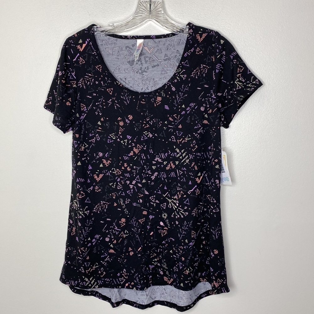 NWT Lularoe Womens Black Geometric Print Short Sleeve Scoop Neck T-Shirt XS